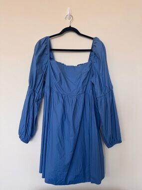 Reformation Size 14 Michaela Dress Blue Cotton Cocquette Mini Long Puff Sleeve